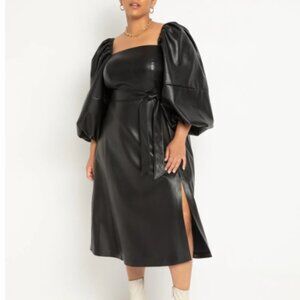 ELOQUII Puff Sleeve Faux Leather Dress in Black